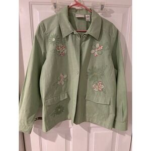 Alfred‎ Dunner Floral Embroidered Button Down Jacket Green Casual Size 18